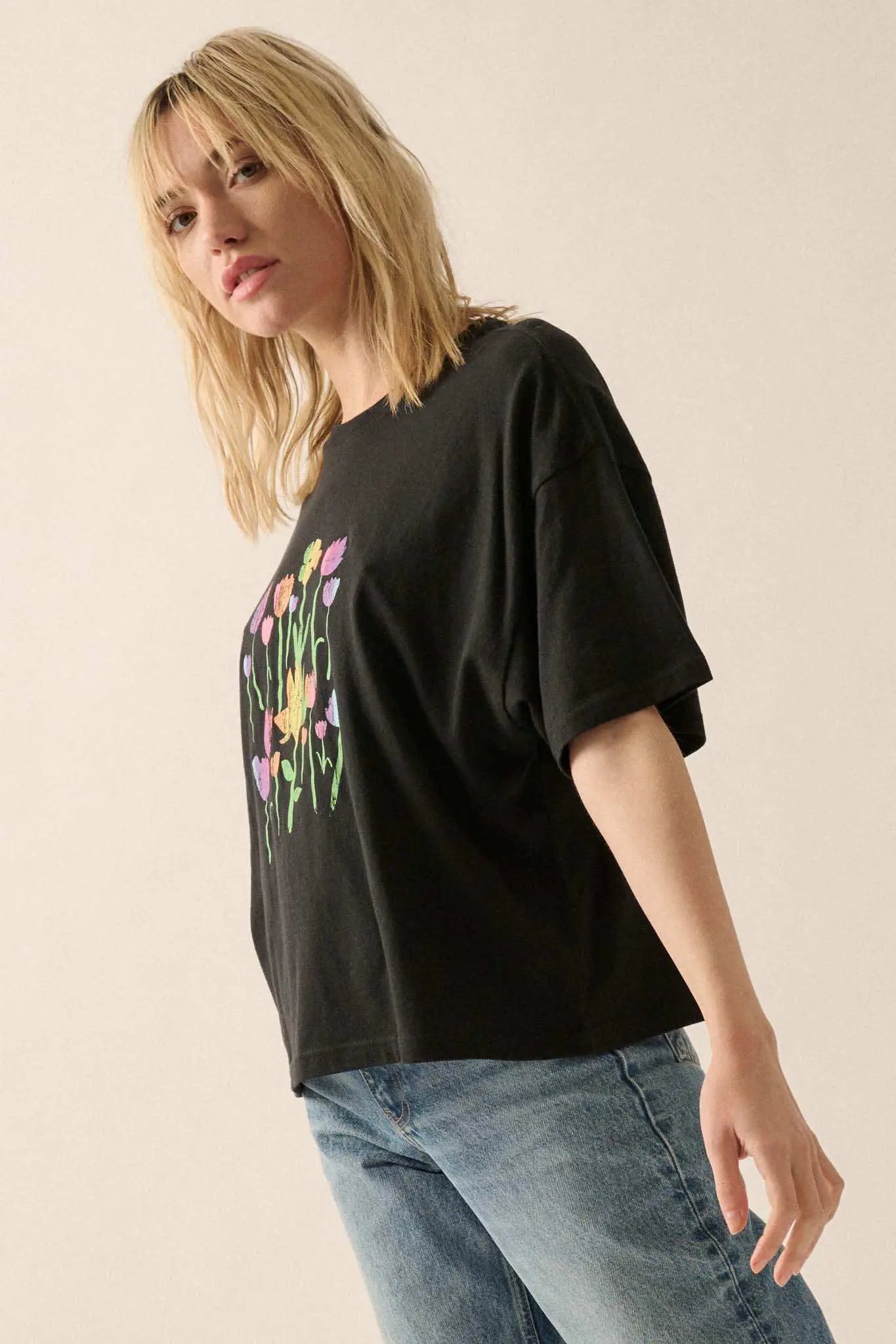 Prismatic Blooms Vintage-Print Flower Graphic Tee