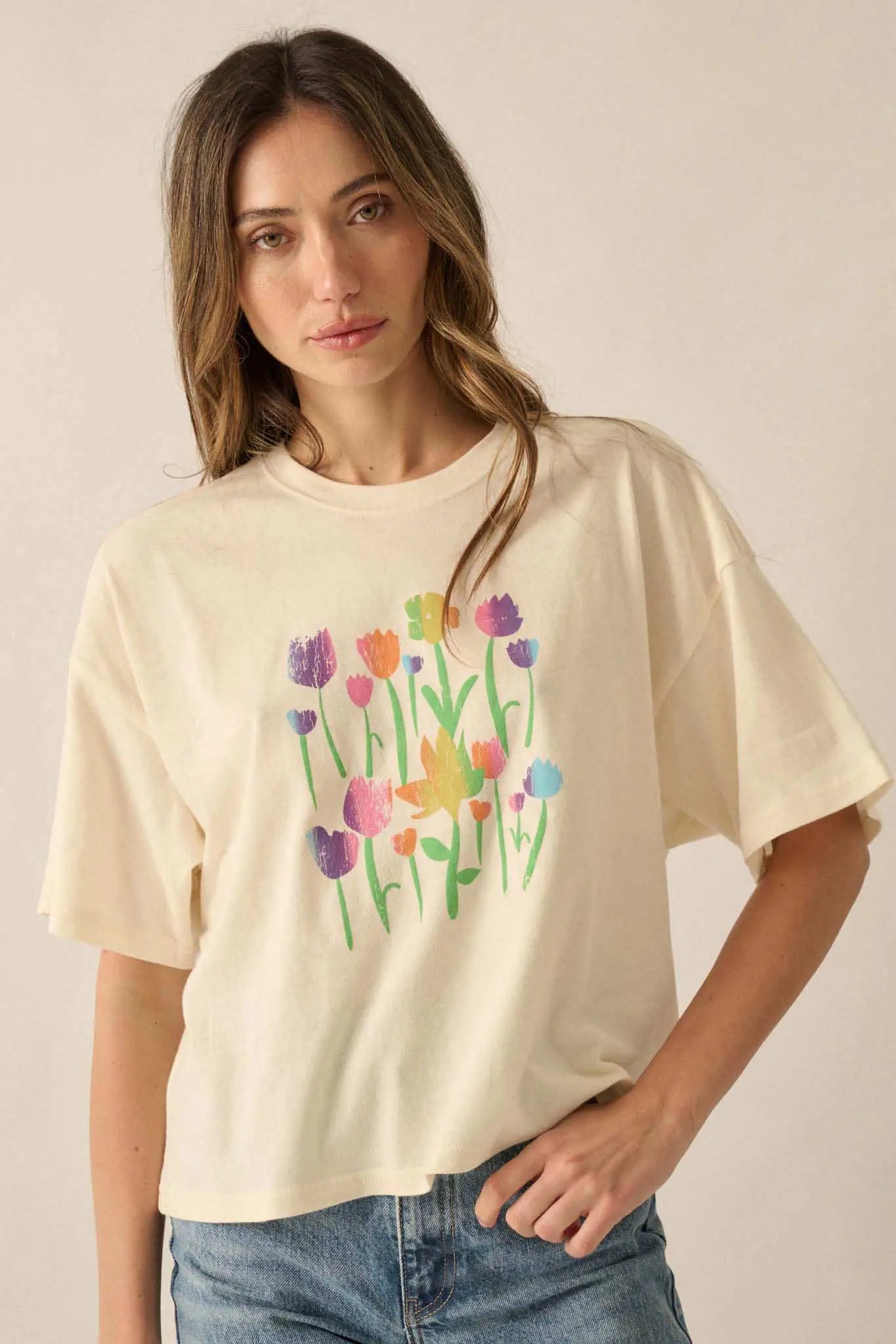 Prismatic Blooms Vintage-Print Flower Graphic Tee