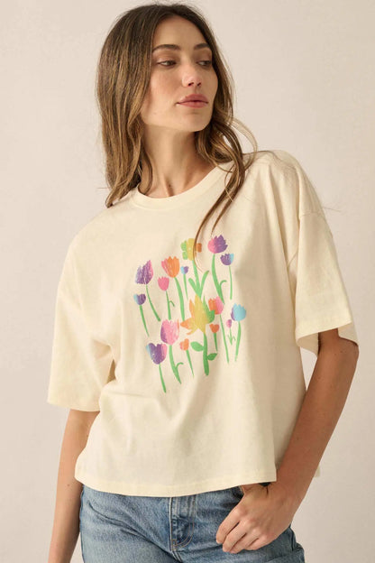 Prismatic Blooms Vintage-Print Flower Graphic Tee