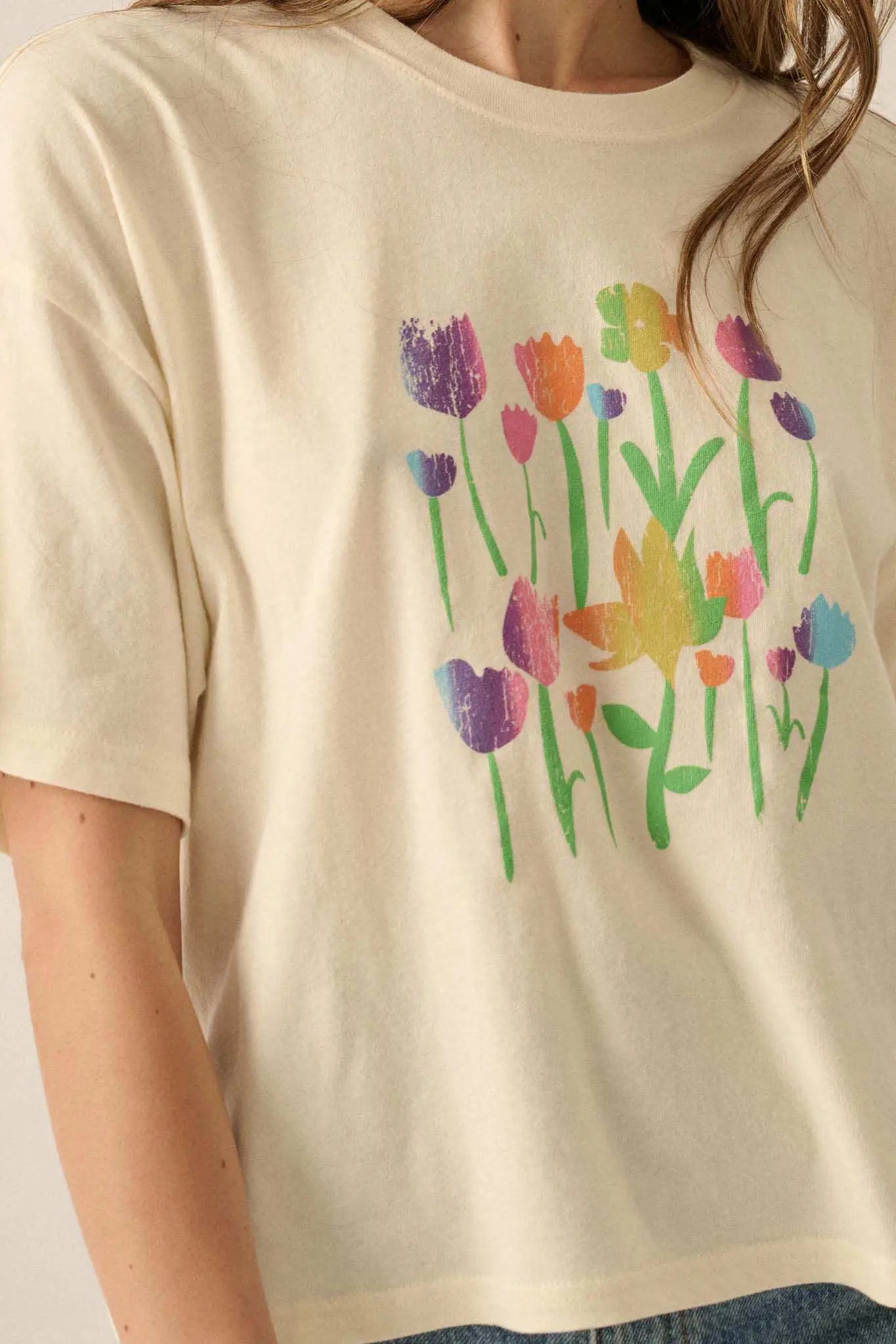 Prismatic Blooms Vintage-Print Flower Graphic Tee