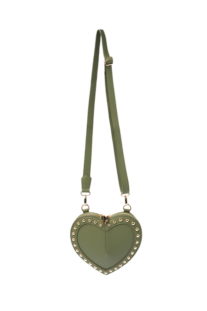 Khaki Heart Studded Cross Body Bag