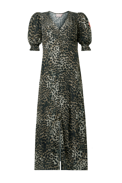 Khaki Cheetah Flute Sleeve Midi Tea Dress