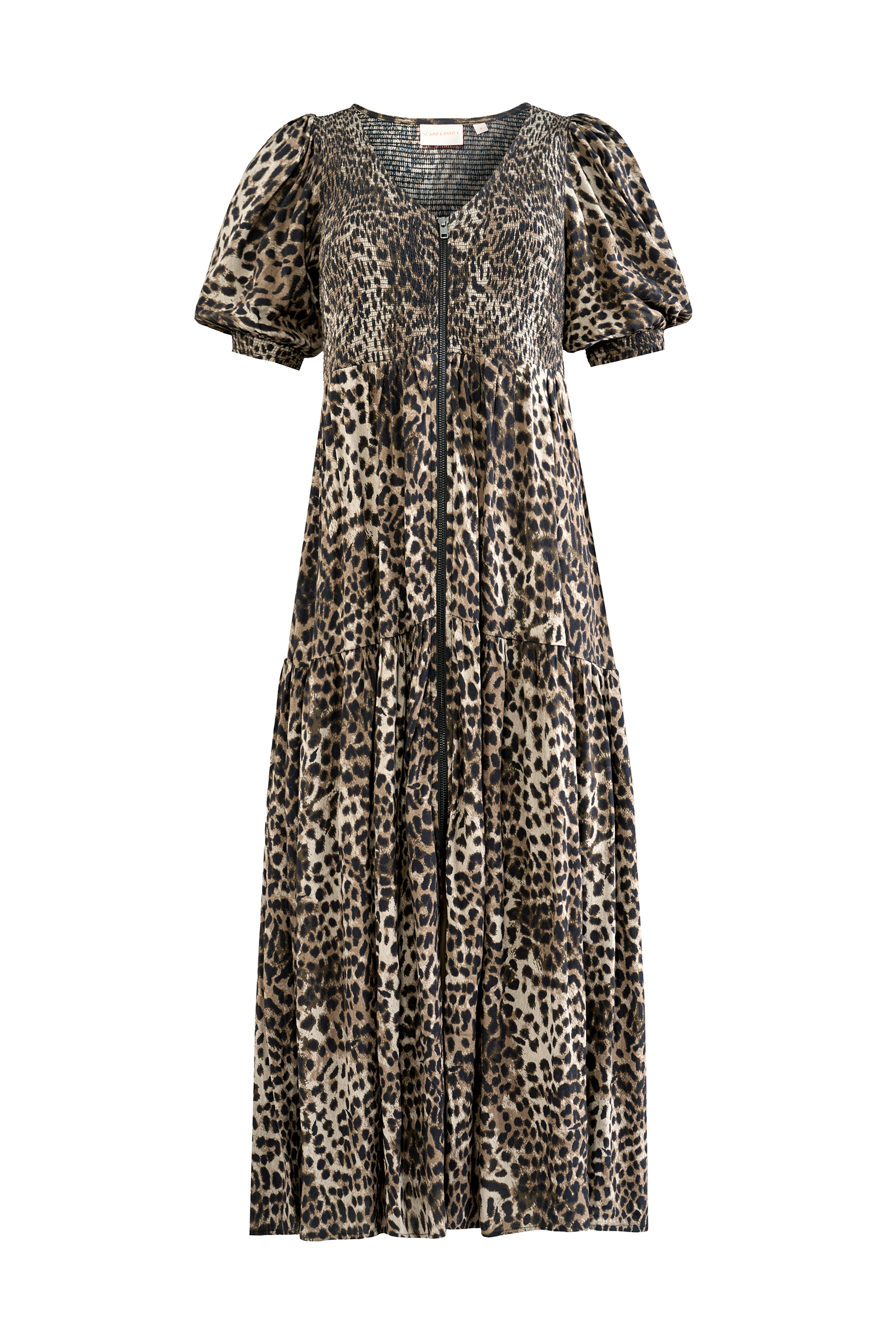 Khaki Cheetah Shirred Zip Detail Midi Dress