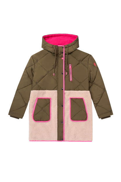 Khaki and Pink Quilted Borg Hooded Coat