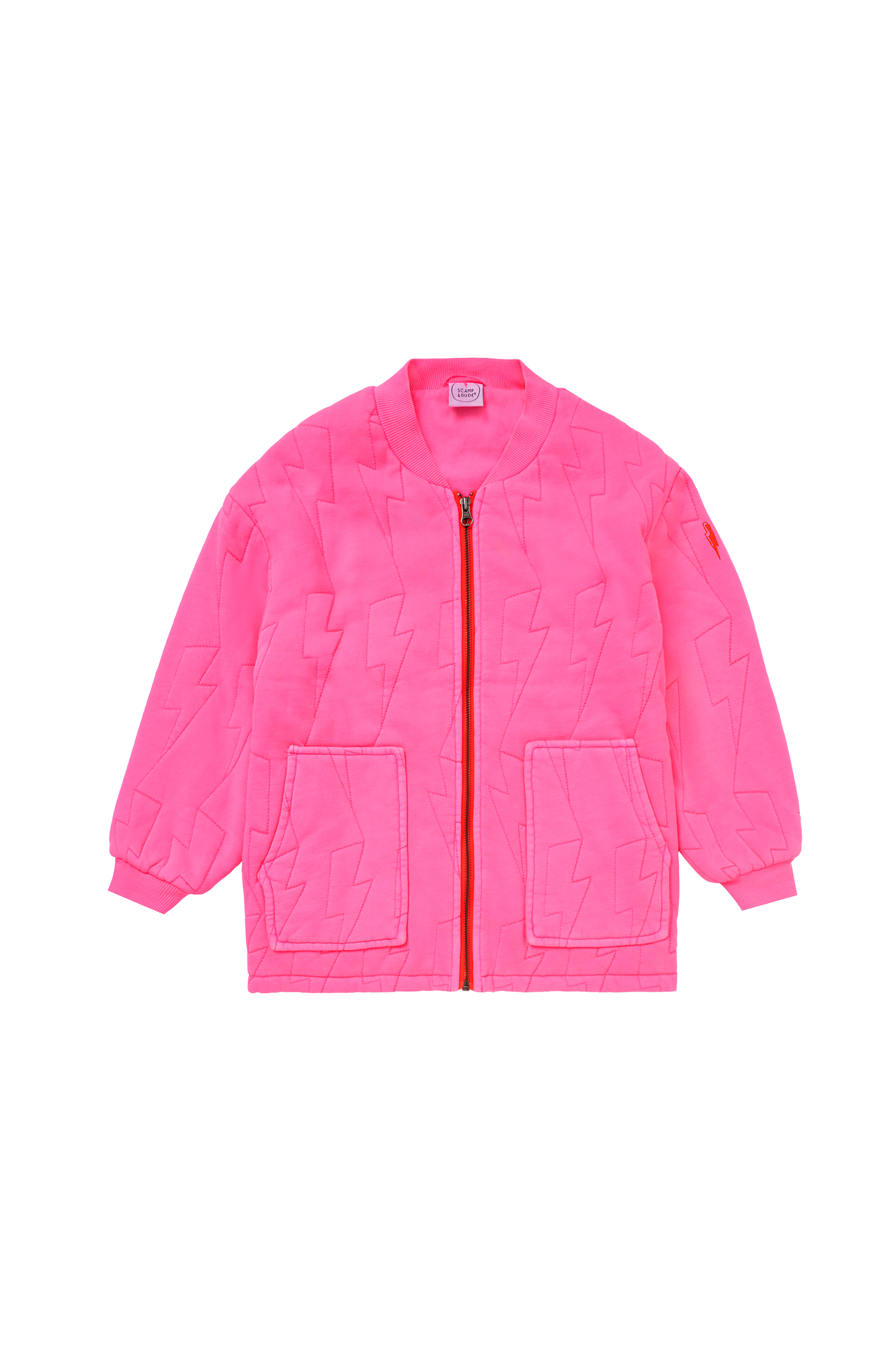 Kids Neon Pink Lightning Bolt Quilted Bomber Jacket