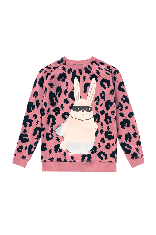 Kids Coral with Black Leopard Bunny Graphic Classic Sweatshirt