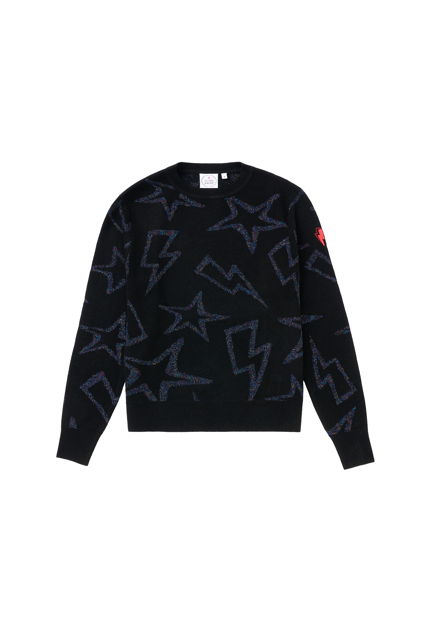 Black with Metallic Rainbow Star and Lightning Bolt Metallic Knit Jumper