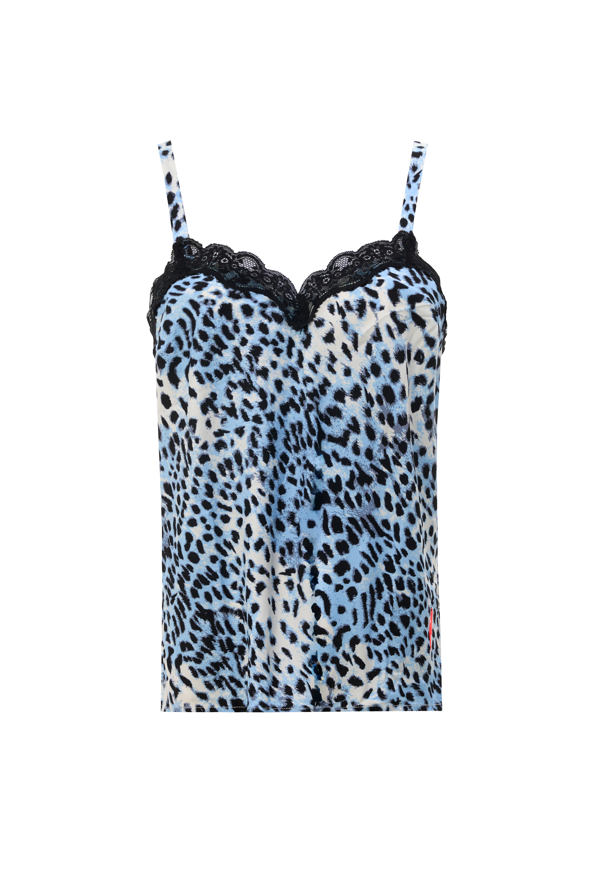 White with Blue and Grey Cheetah Lace Trim Cami Top