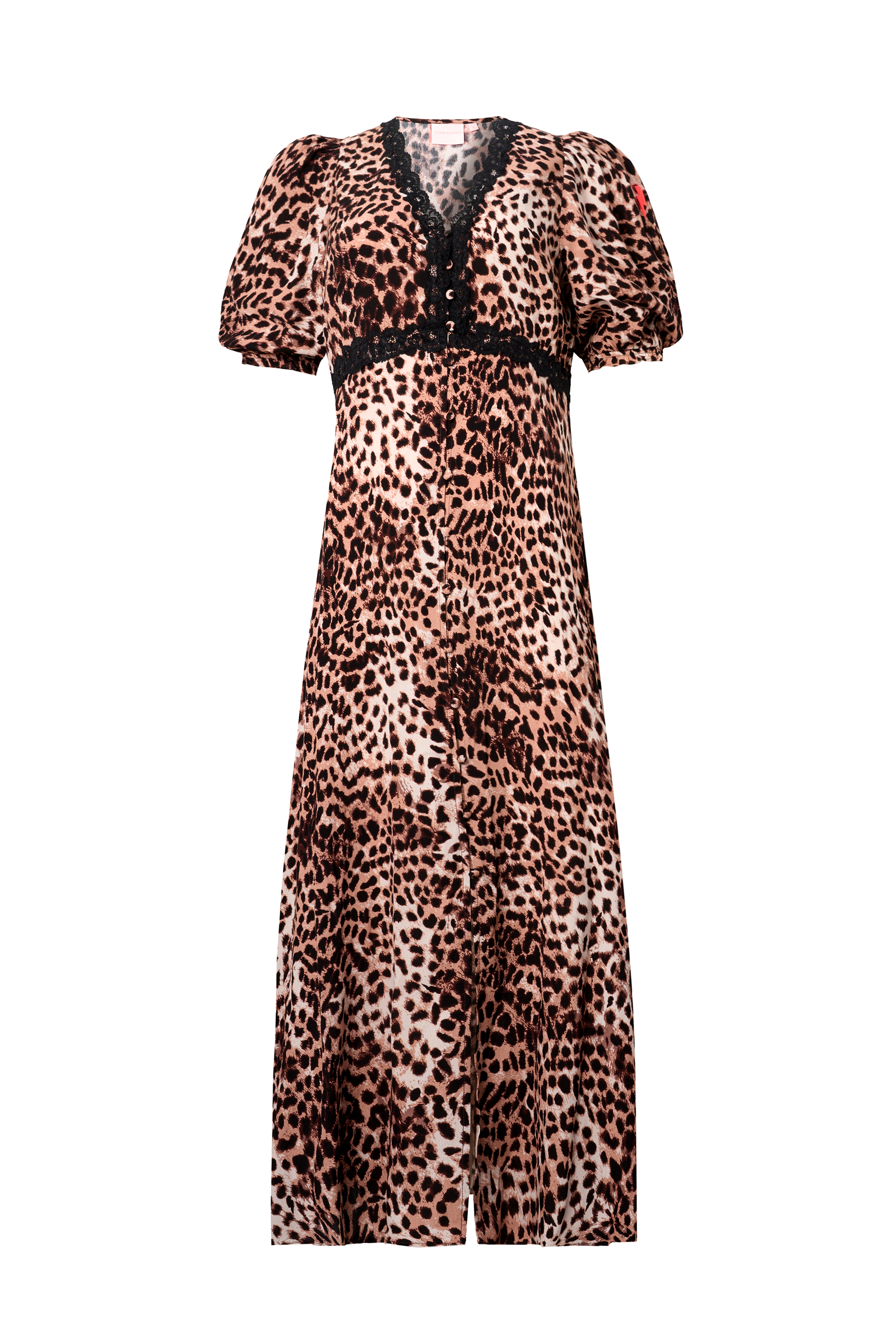 Neutral with Black Cheetah Lace Trim Puff Sleeve Midi Tea Dress