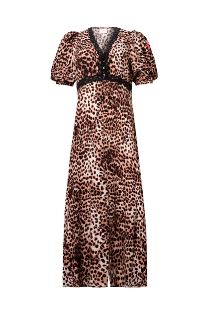 Neutral with Black Cheetah Lace Trim Puff Sleeve Midi Tea Dress