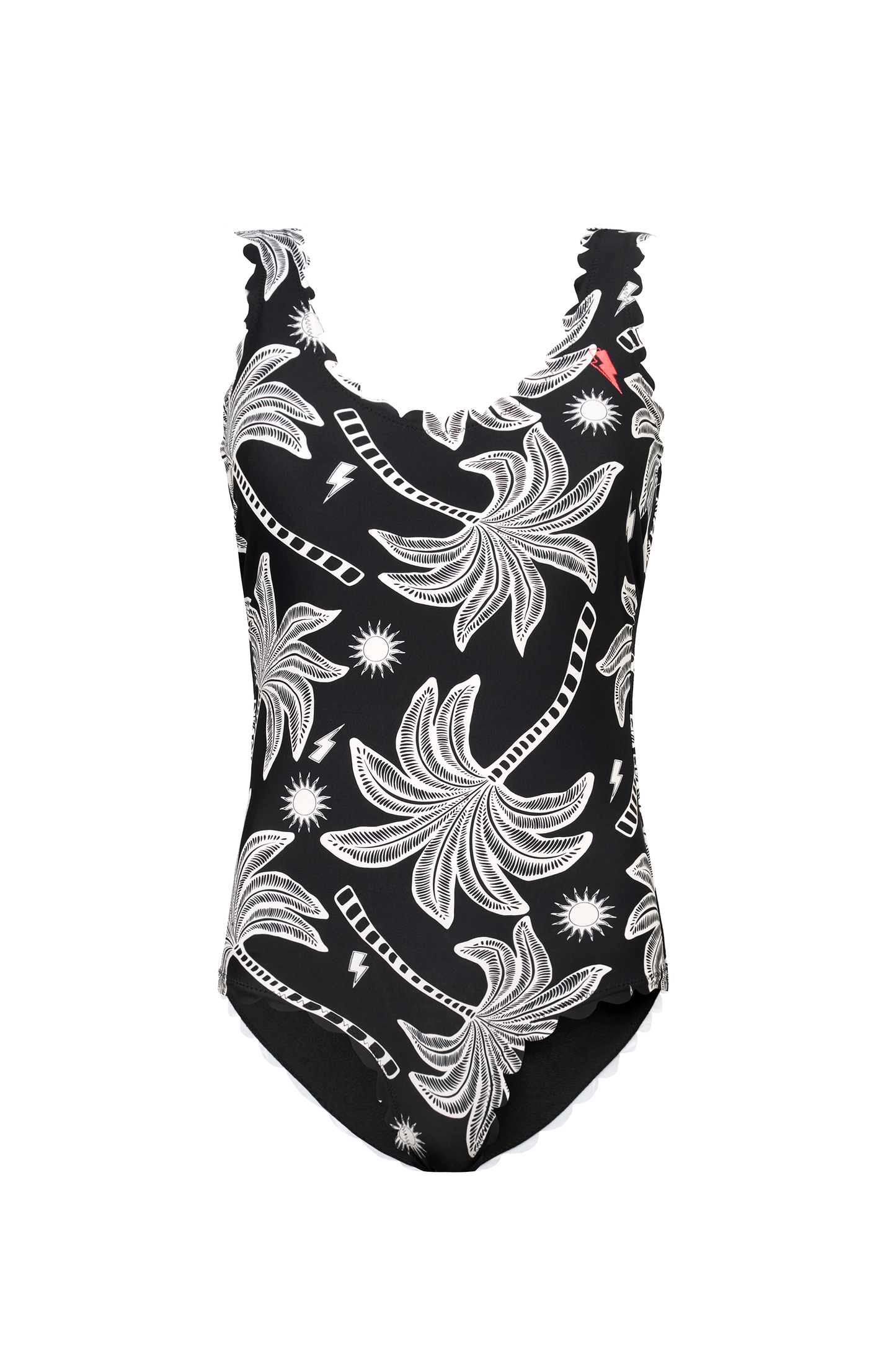 Black with Off White Palm Spring Scallop Edge Swimsuit