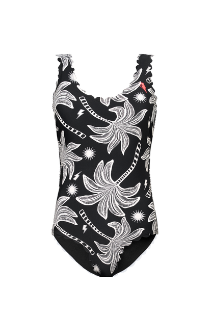 Black with Off White Palm Spring Scallop Edge Swimsuit