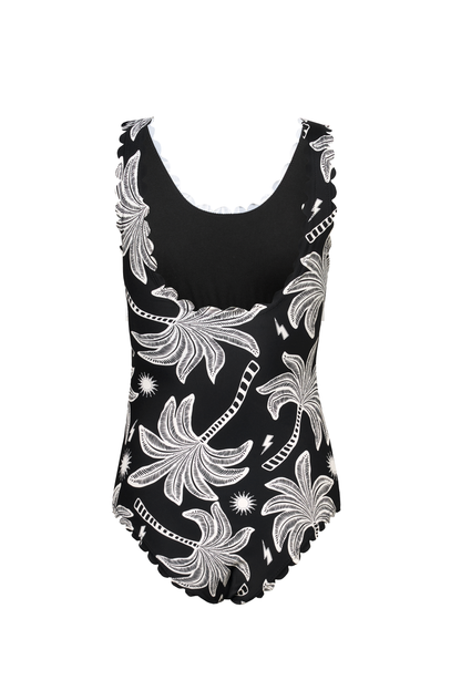Black with Off White Palm Spring Scallop Edge Swimsuit