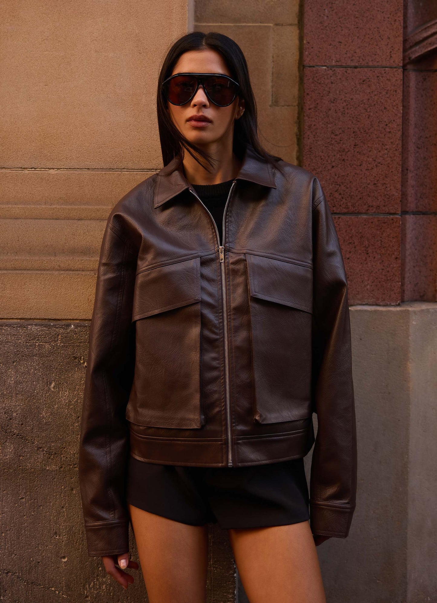 Lula Faux Leather Bomber Jacket - Chocolate