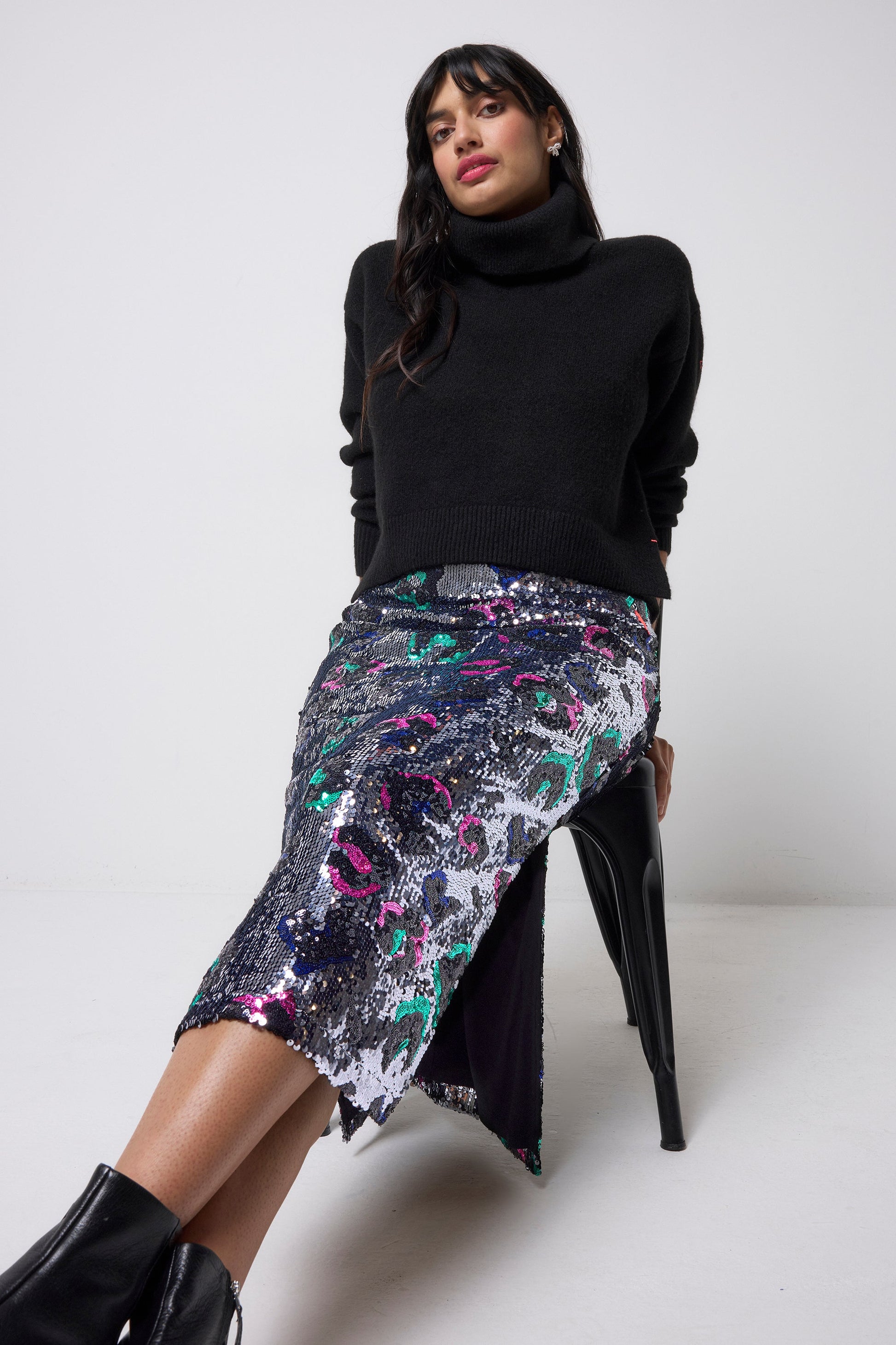 Silver with Rainbow Leopard Sequin Split Front Midi Skirt