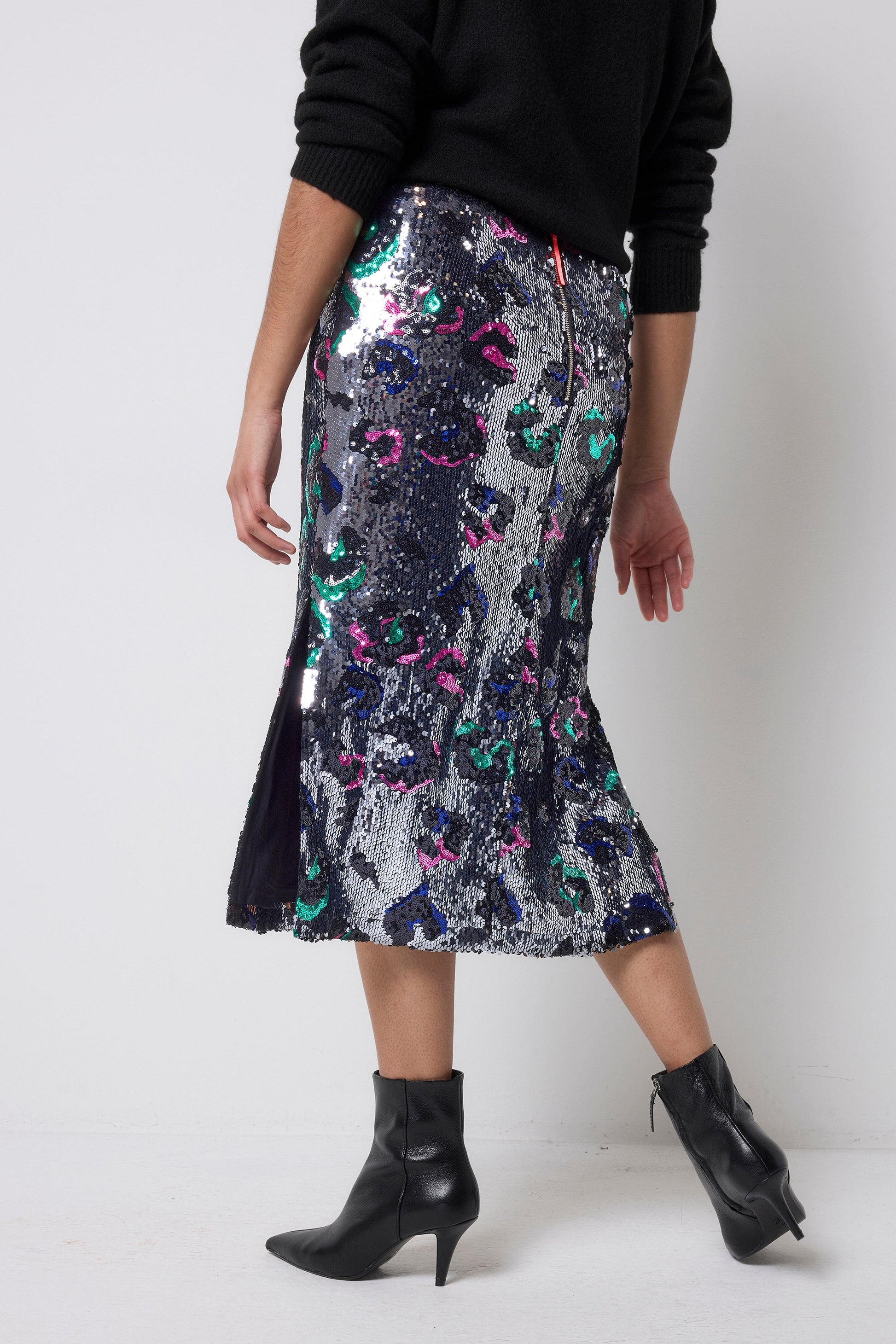 Silver with Rainbow Leopard Sequin Split Front Midi Skirt
