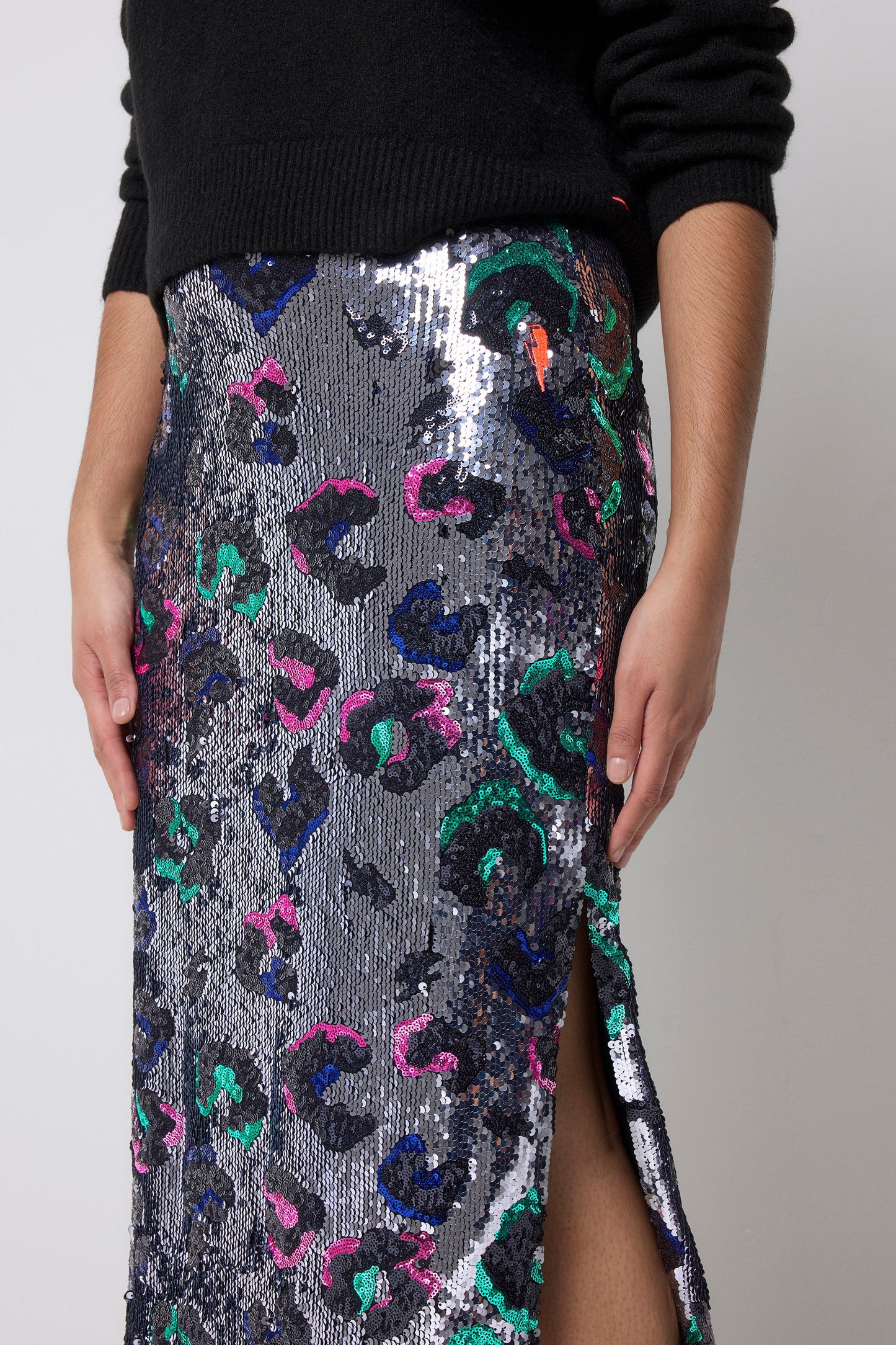 Silver with Rainbow Leopard Sequin Split Front Midi Skirt