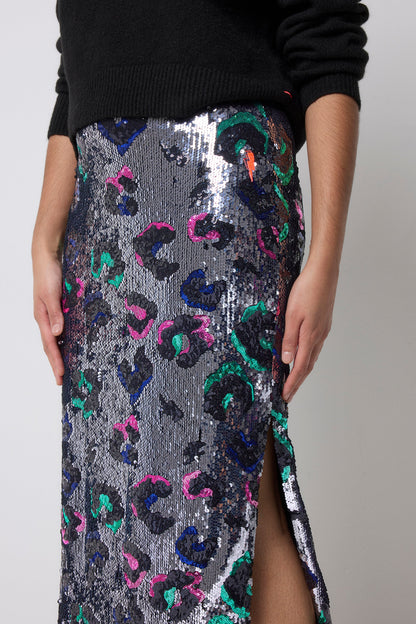 Silver with Rainbow Leopard Sequin Split Front Midi Skirt