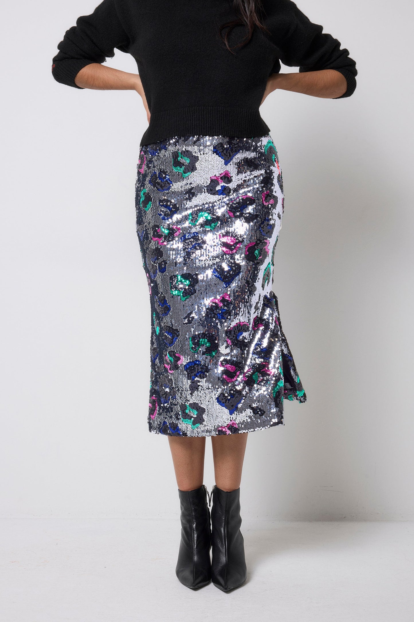 Silver with Rainbow Leopard Sequin Split Front Midi Skirt