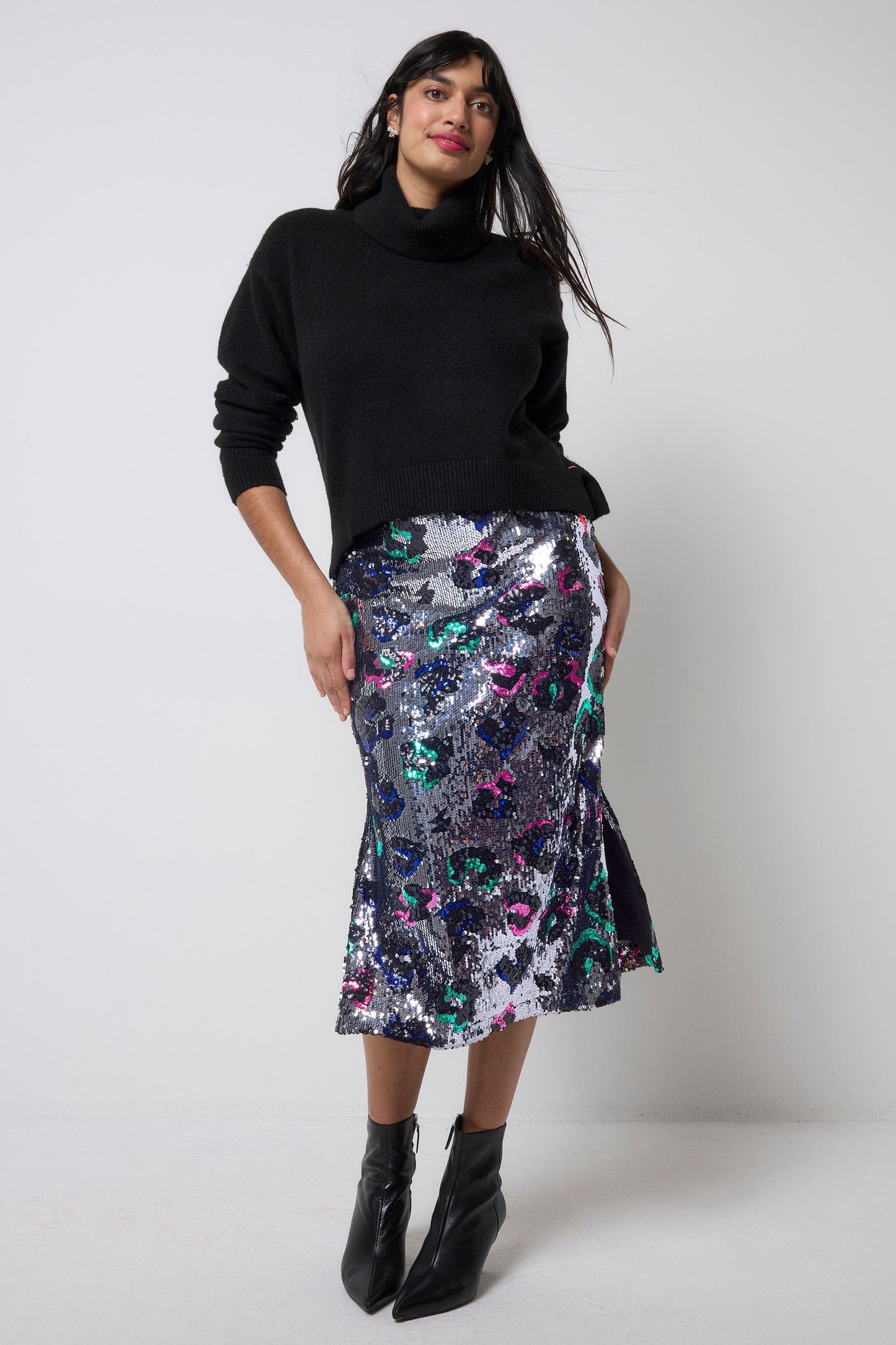 Silver with Rainbow Leopard Sequin Split Front Midi Skirt