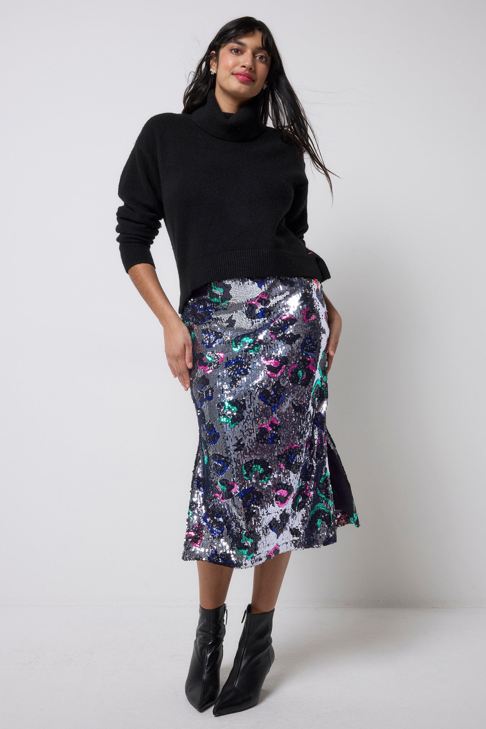 Silver with Rainbow Leopard Sequin Split Front Midi Skirt