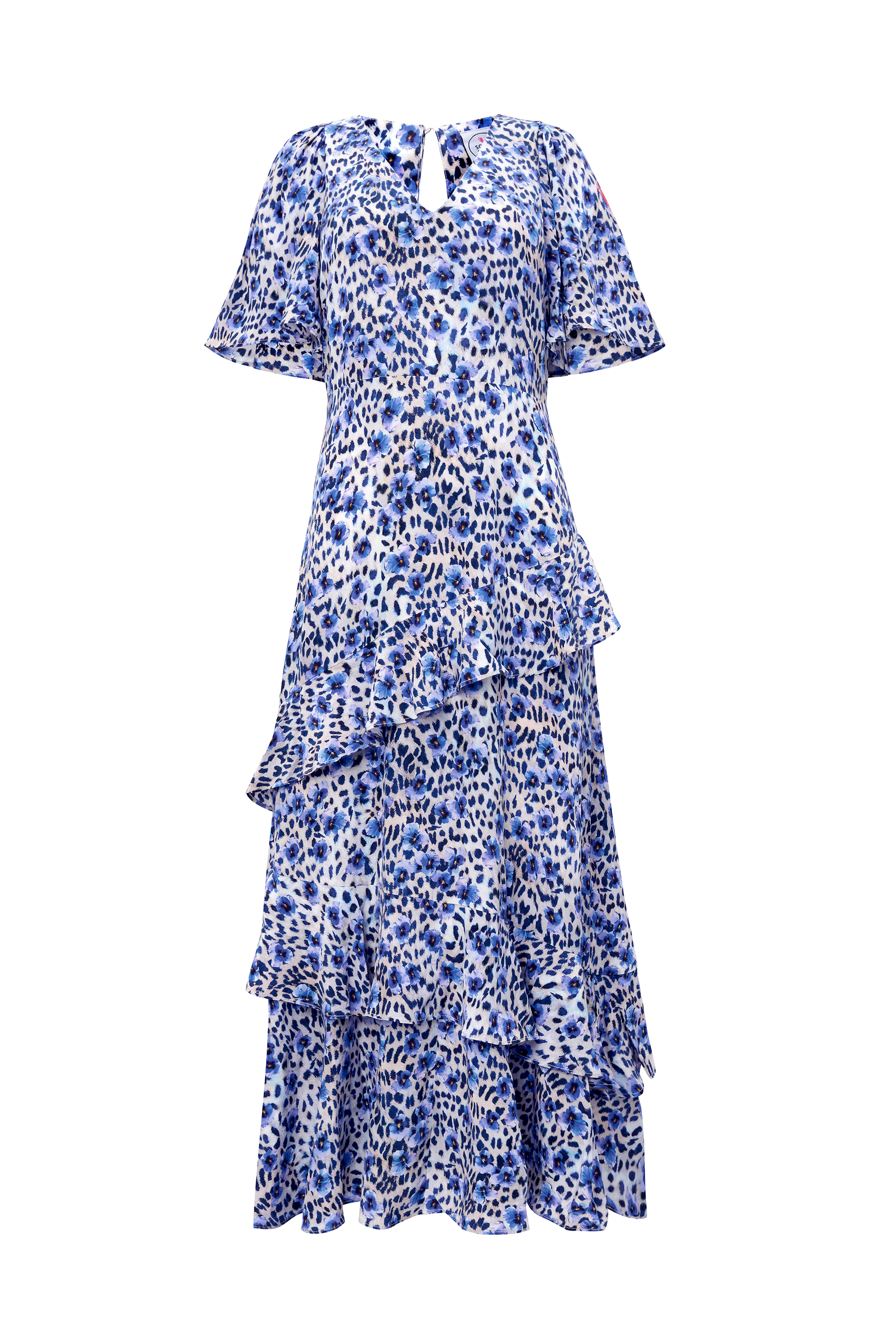 White with Blue Paradise Cheetah Print Ruffle Detail Midi Dress