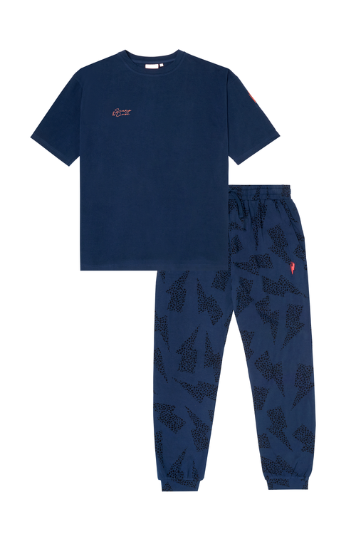Mens Navy with Black Cheetah and Lightning Bolt Print Pyjamas