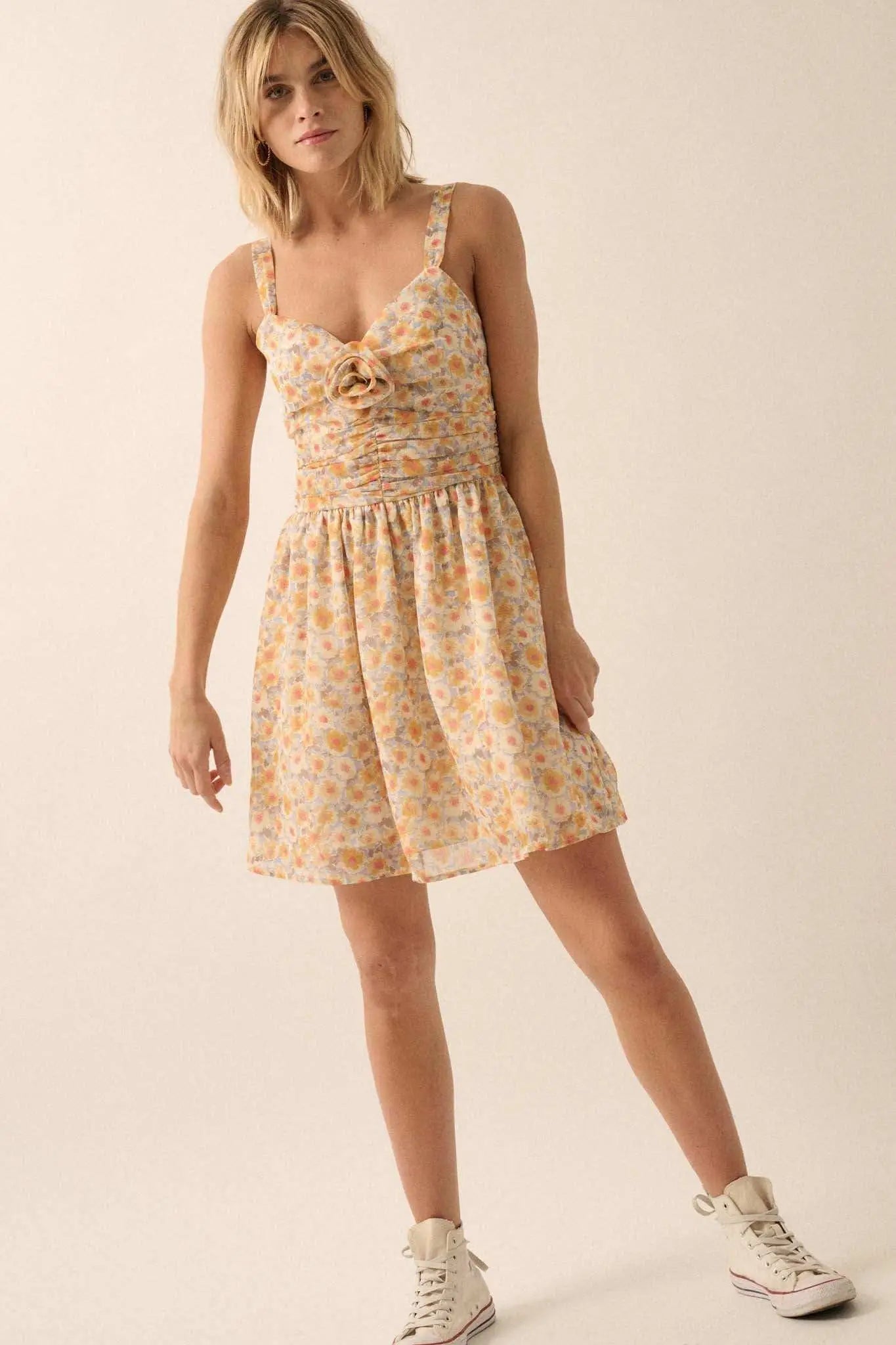 Rosy Romance Ruched Floral Chiffon Mini Sundress