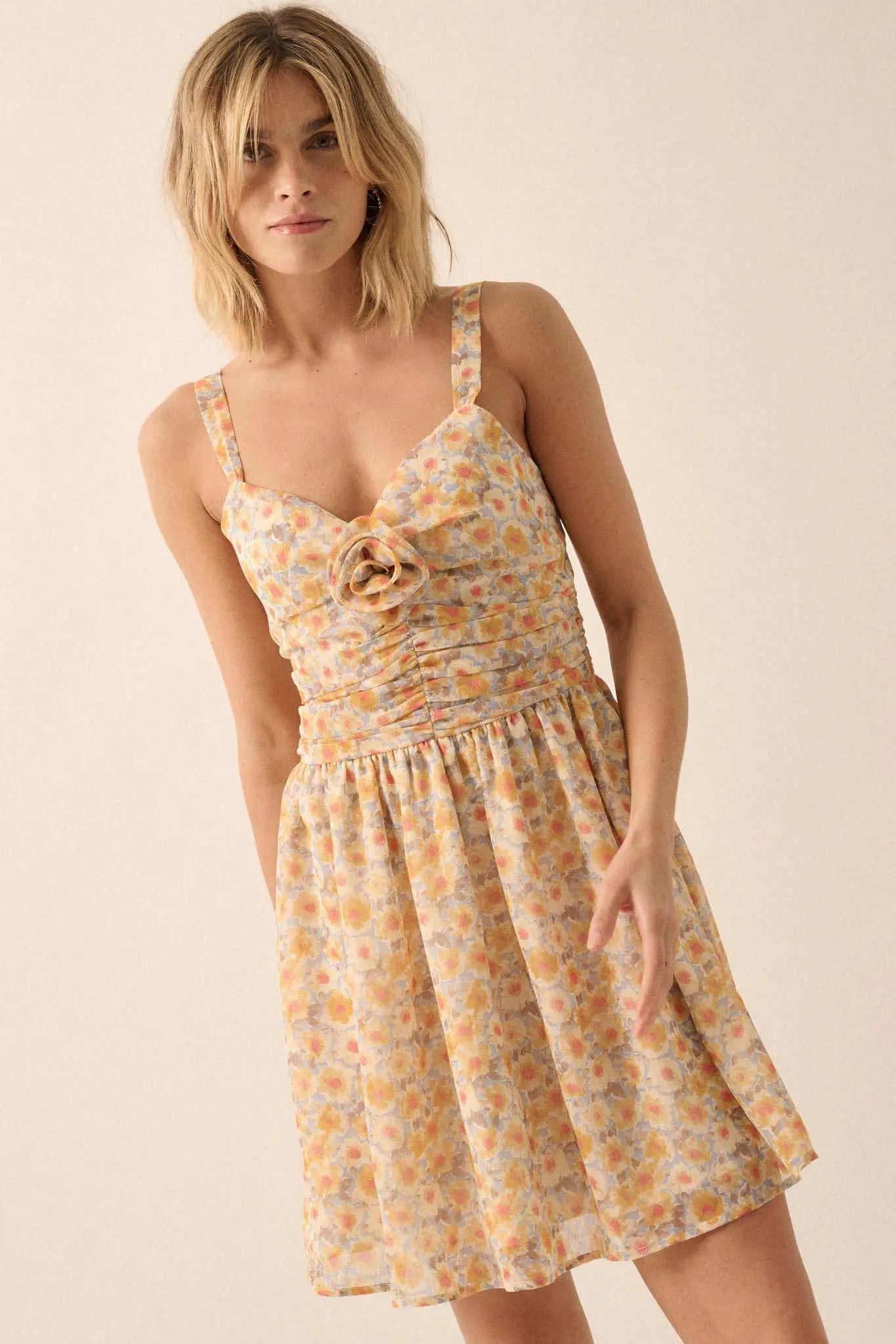 Rosy Romance Ruched Floral Chiffon Mini Sundress