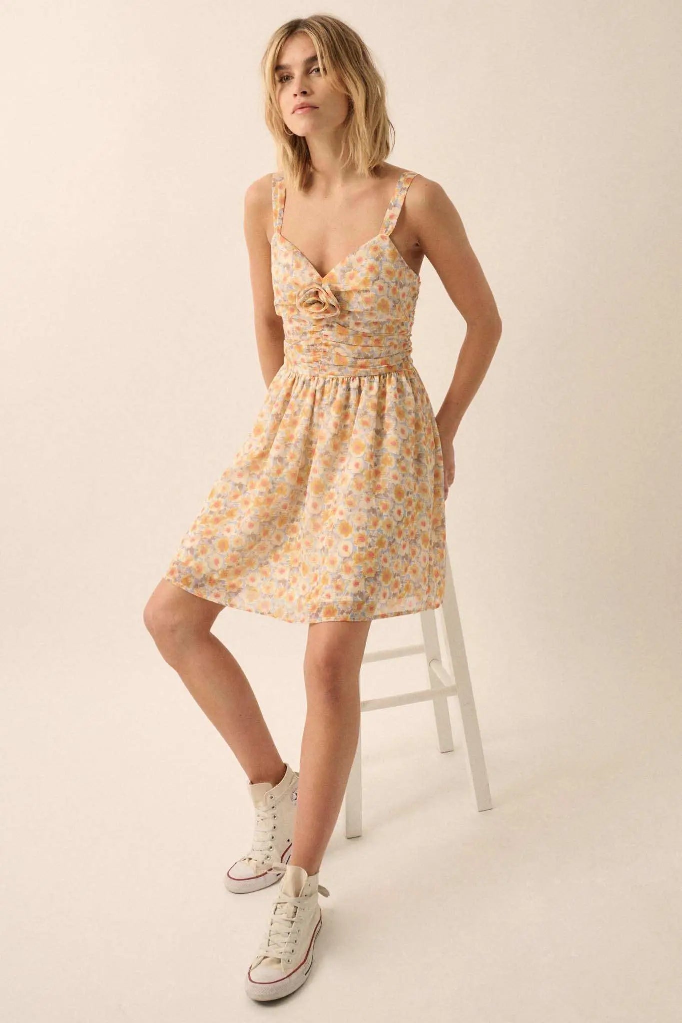 Rosy Romance Ruched Floral Chiffon Mini Sundress
