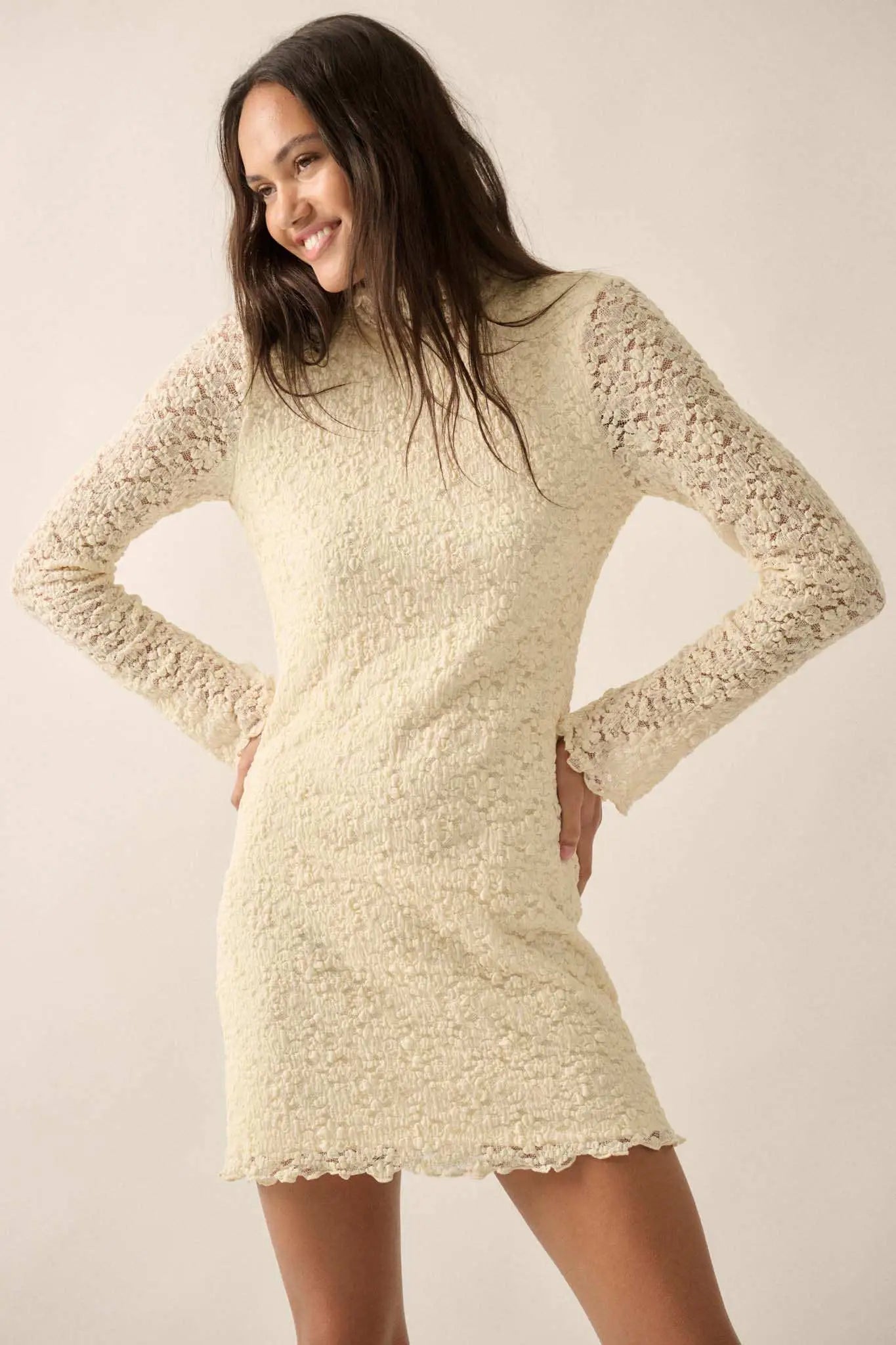 Afternoon Angel Floral Lace Mock-Neck Mini Dress