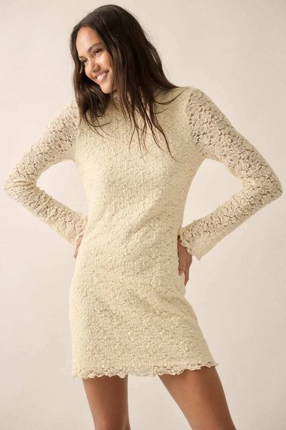 Afternoon Angel Floral Lace Mock-Neck Mini Dress