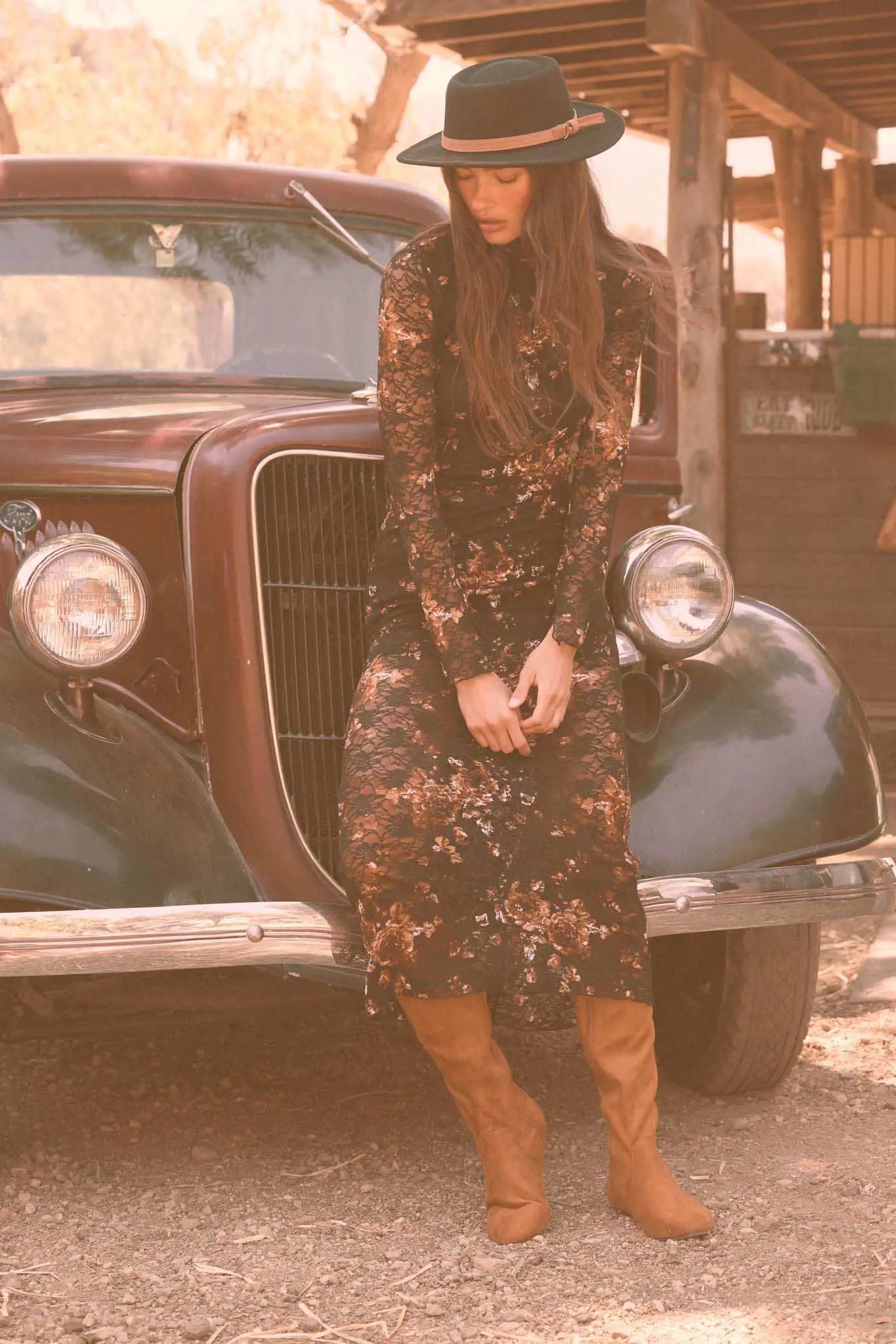 Golden Hour Floral-Print Lace Mock-Neck Dress