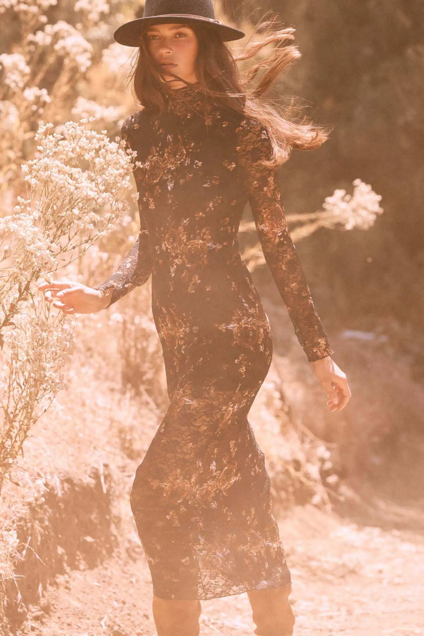 Golden Hour Floral-Print Lace Mock-Neck Dress