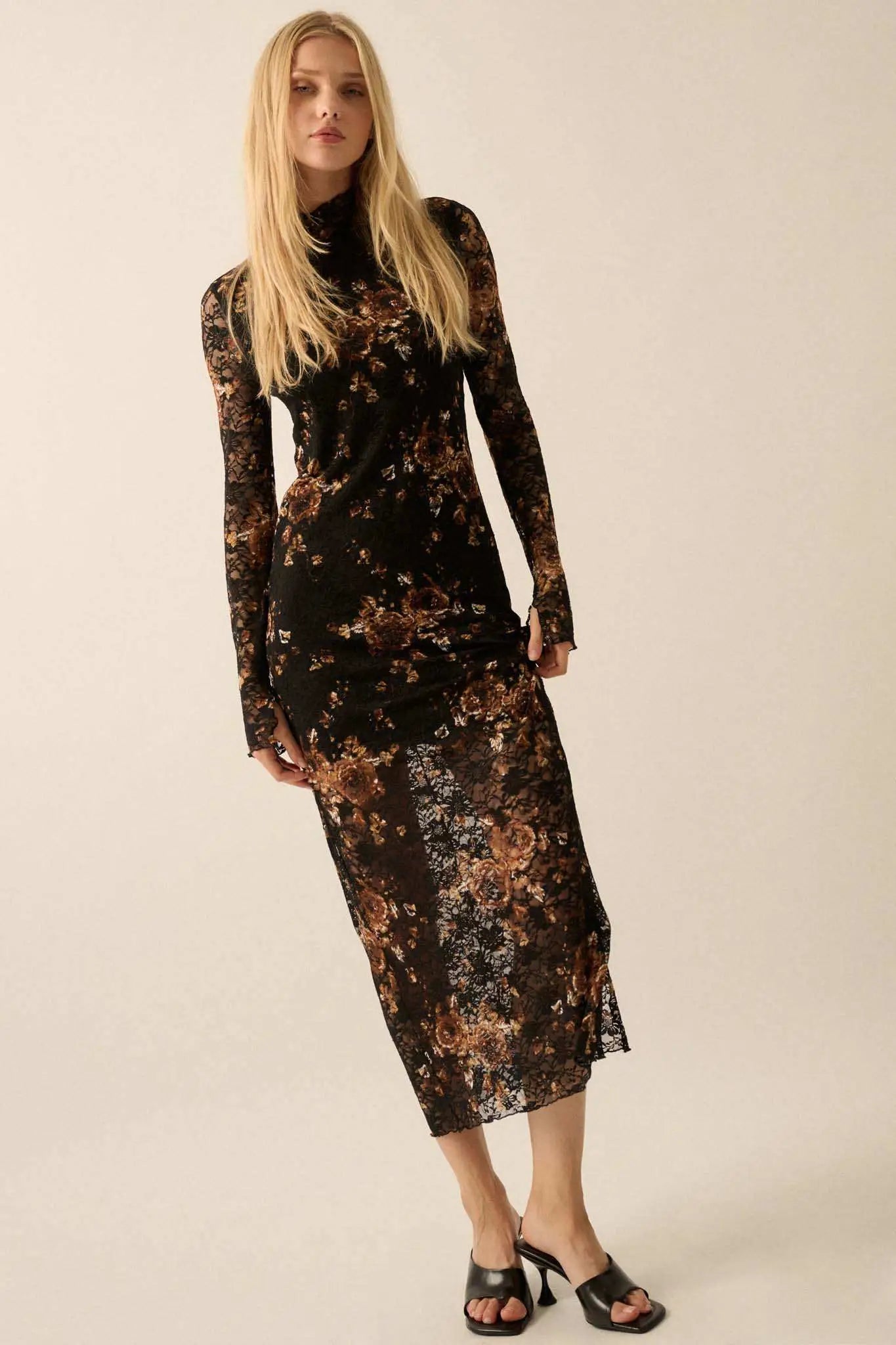 Golden Hour Floral-Print Lace Mock-Neck Dress