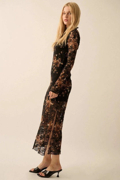 Golden Hour Floral-Print Lace Mock-Neck Dress