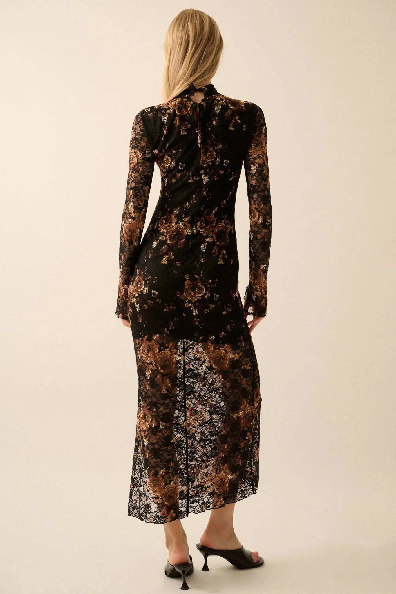 Golden Hour Floral-Print Lace Mock-Neck Dress