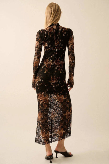 Golden Hour Floral-Print Lace Mock-Neck Dress