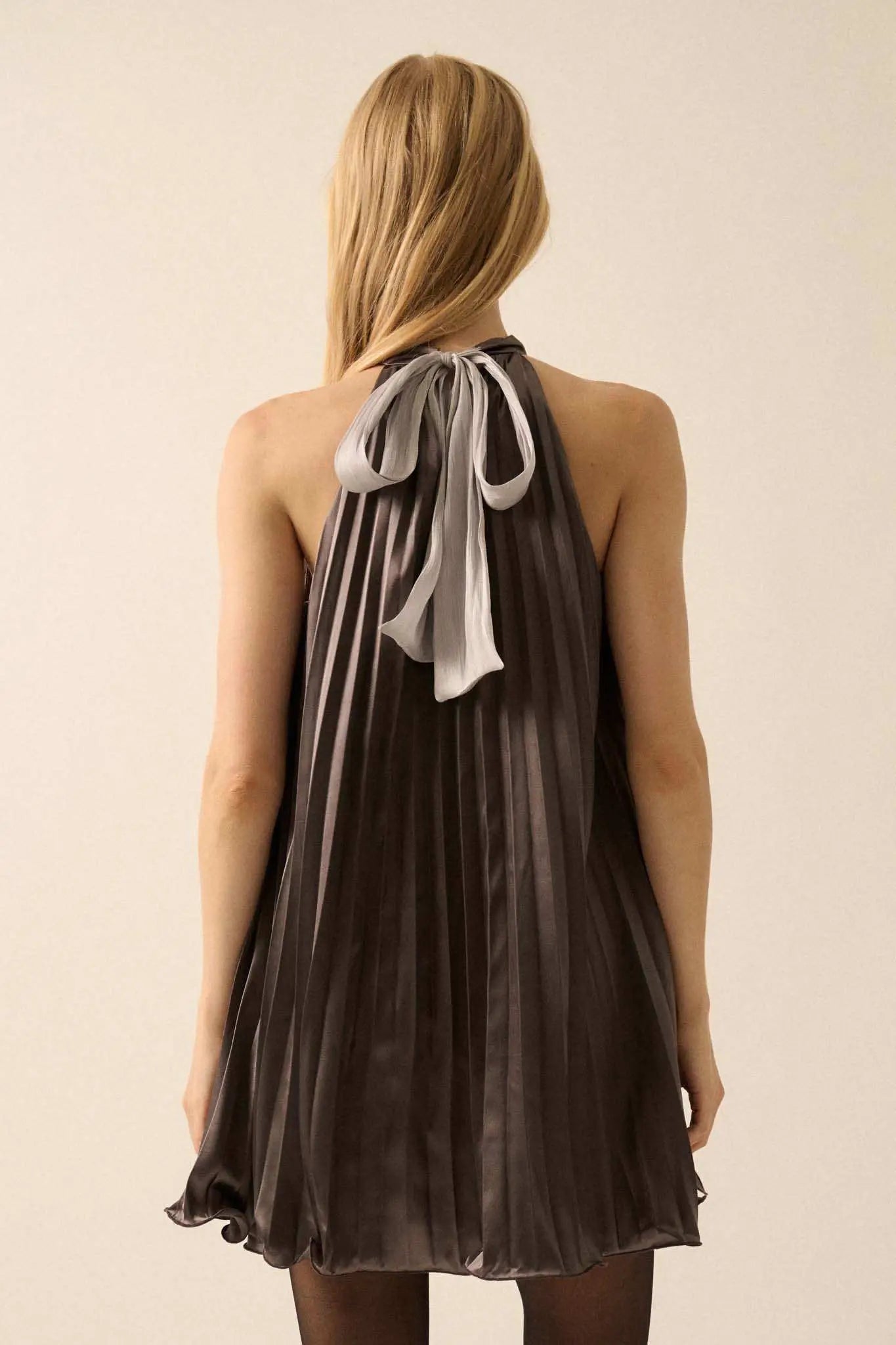 Satin Dreams Pleated Halter Babydoll Mini Dress