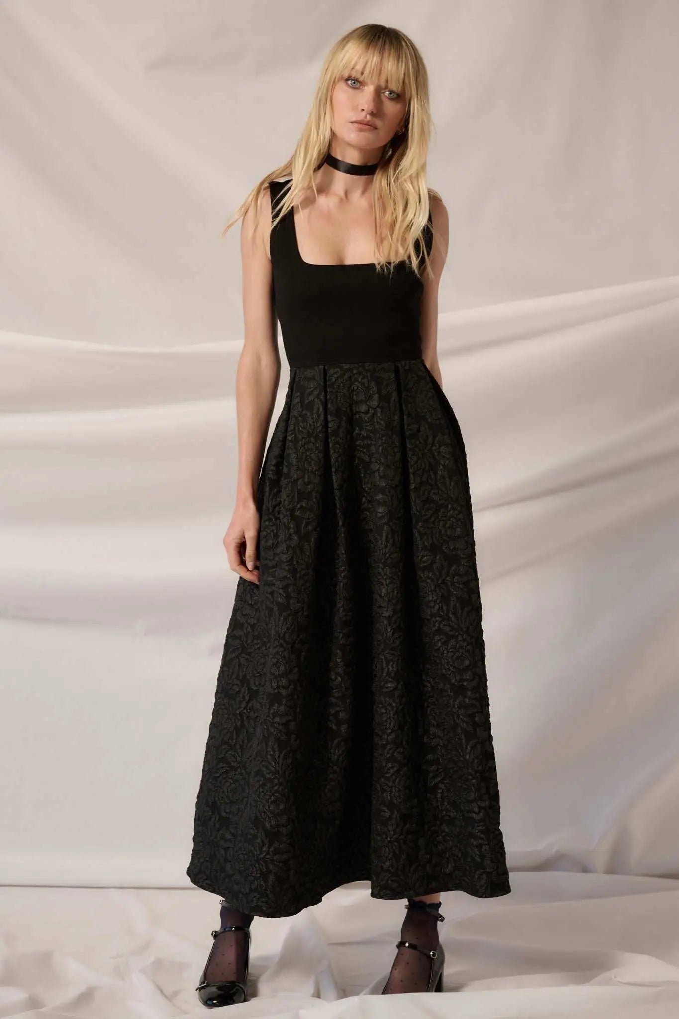Midnight Rose Floral Brocade Midi Dress