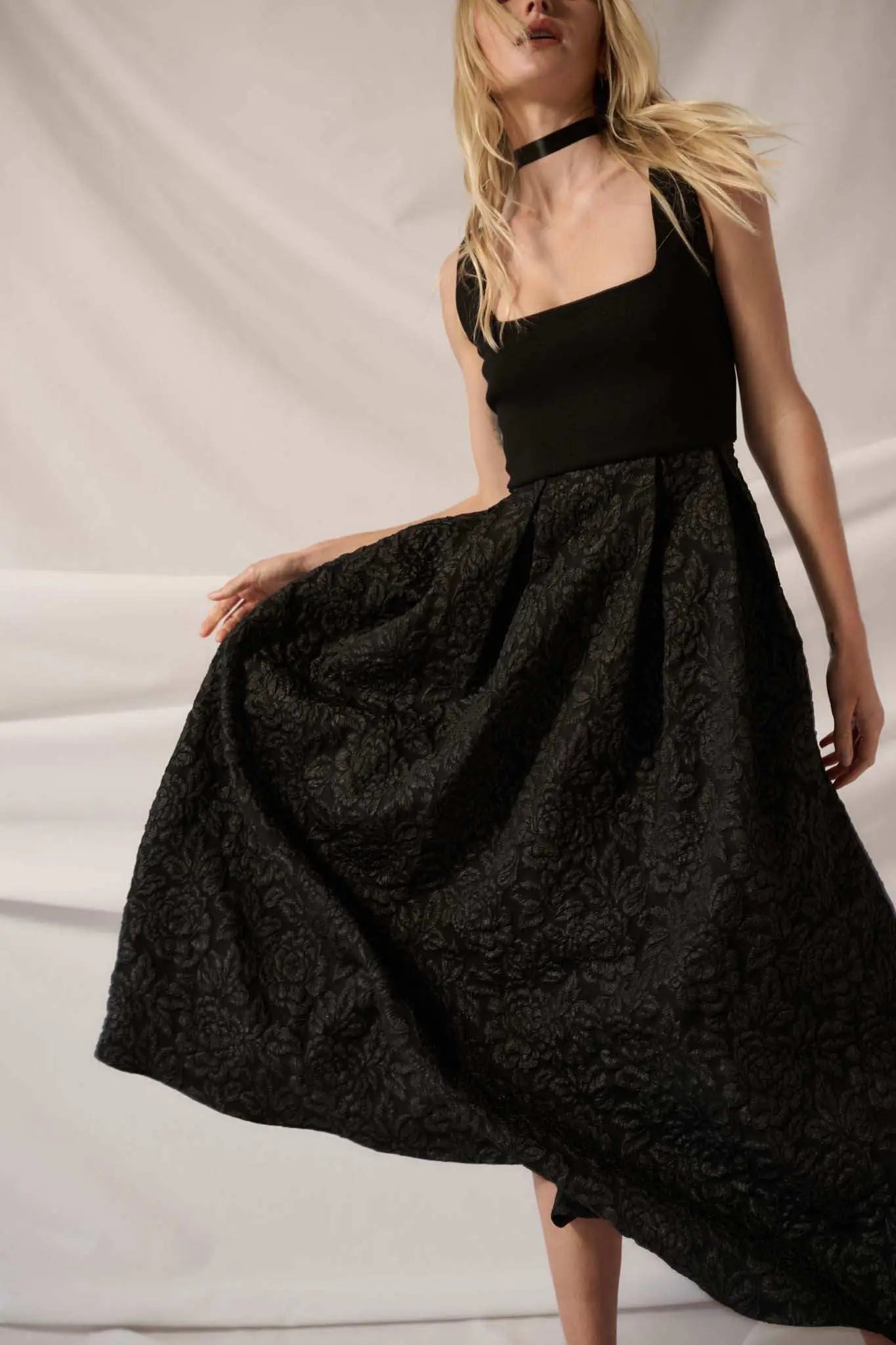 Midnight Rose Floral Brocade Midi Dress