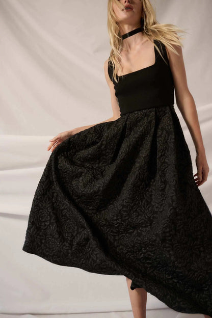 Midnight Rose Floral Brocade Midi Dress