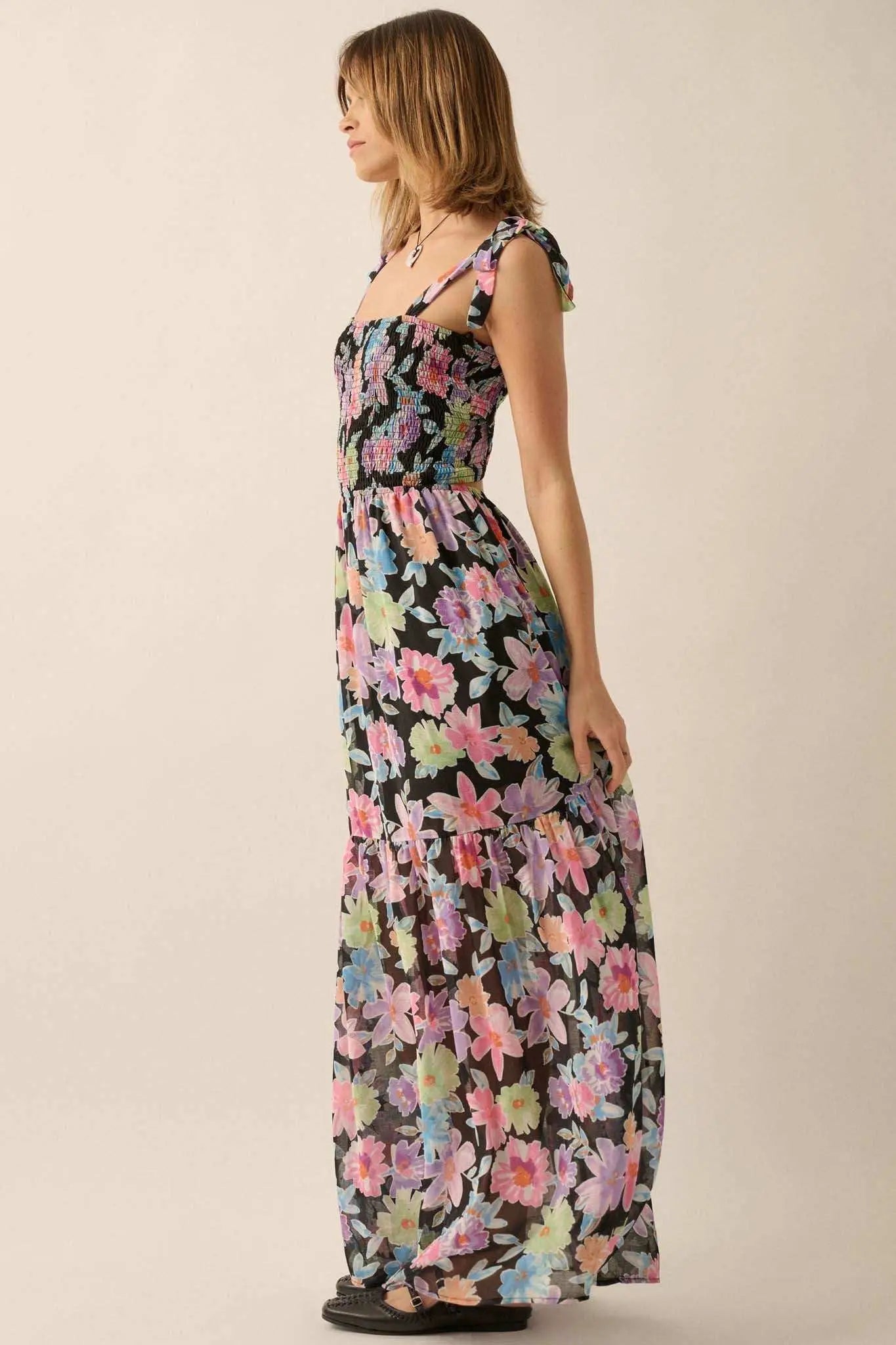 Bursting Blooms Smocked Floral Chiffon Maxi Dress