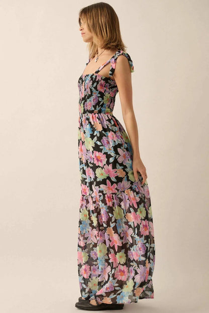 Bursting Blooms Smocked Floral Chiffon Maxi Dress