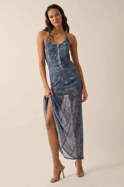 Here We Indigo Denim-Print Mesh Halter Maxi Dress
