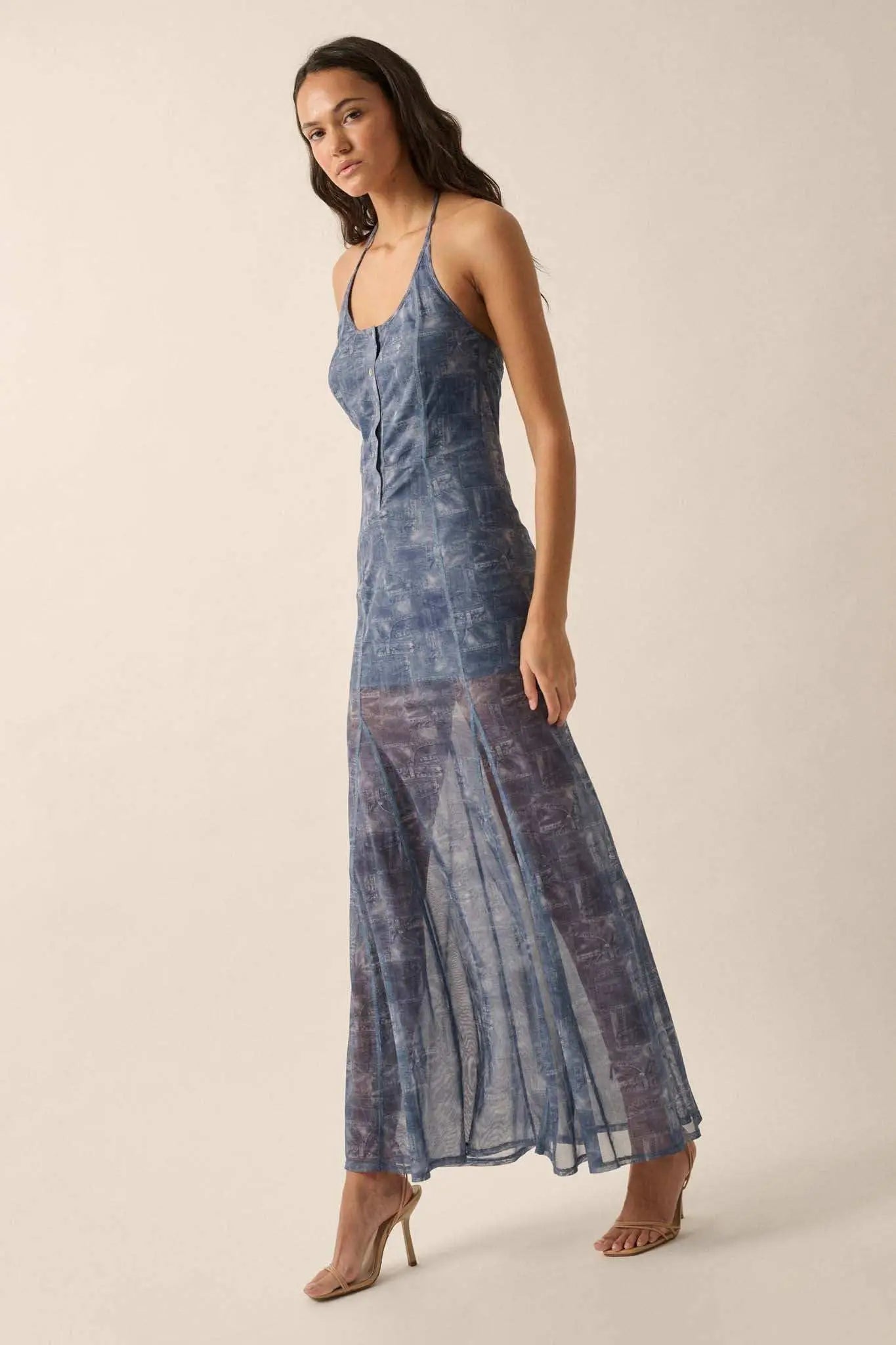Here We Indigo Denim-Print Mesh Halter Maxi Dress