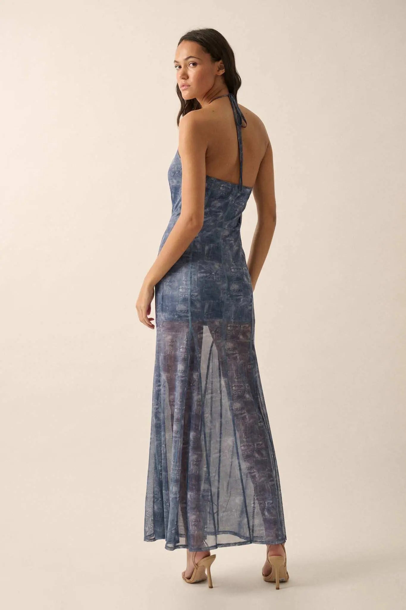 Here We Indigo Denim-Print Mesh Halter Maxi Dress