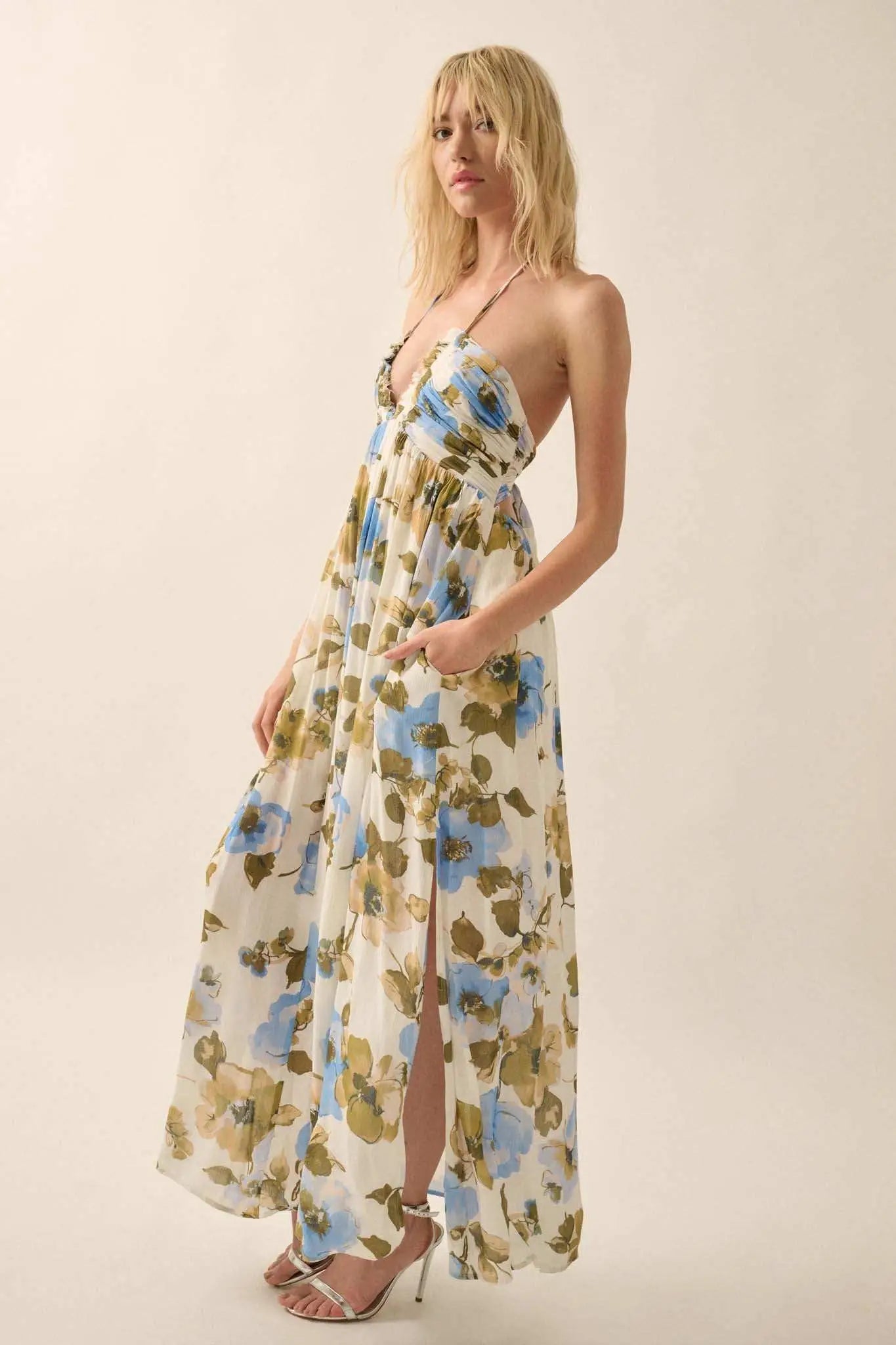 Growing Season Floral Crepe Halter Maxi Dress