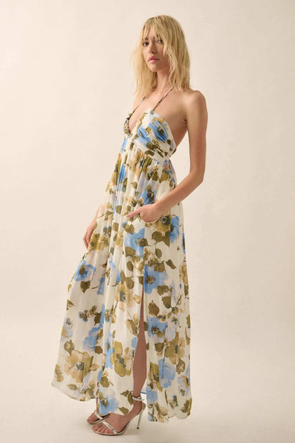 Growing Season Floral Crepe Halter Maxi Dress