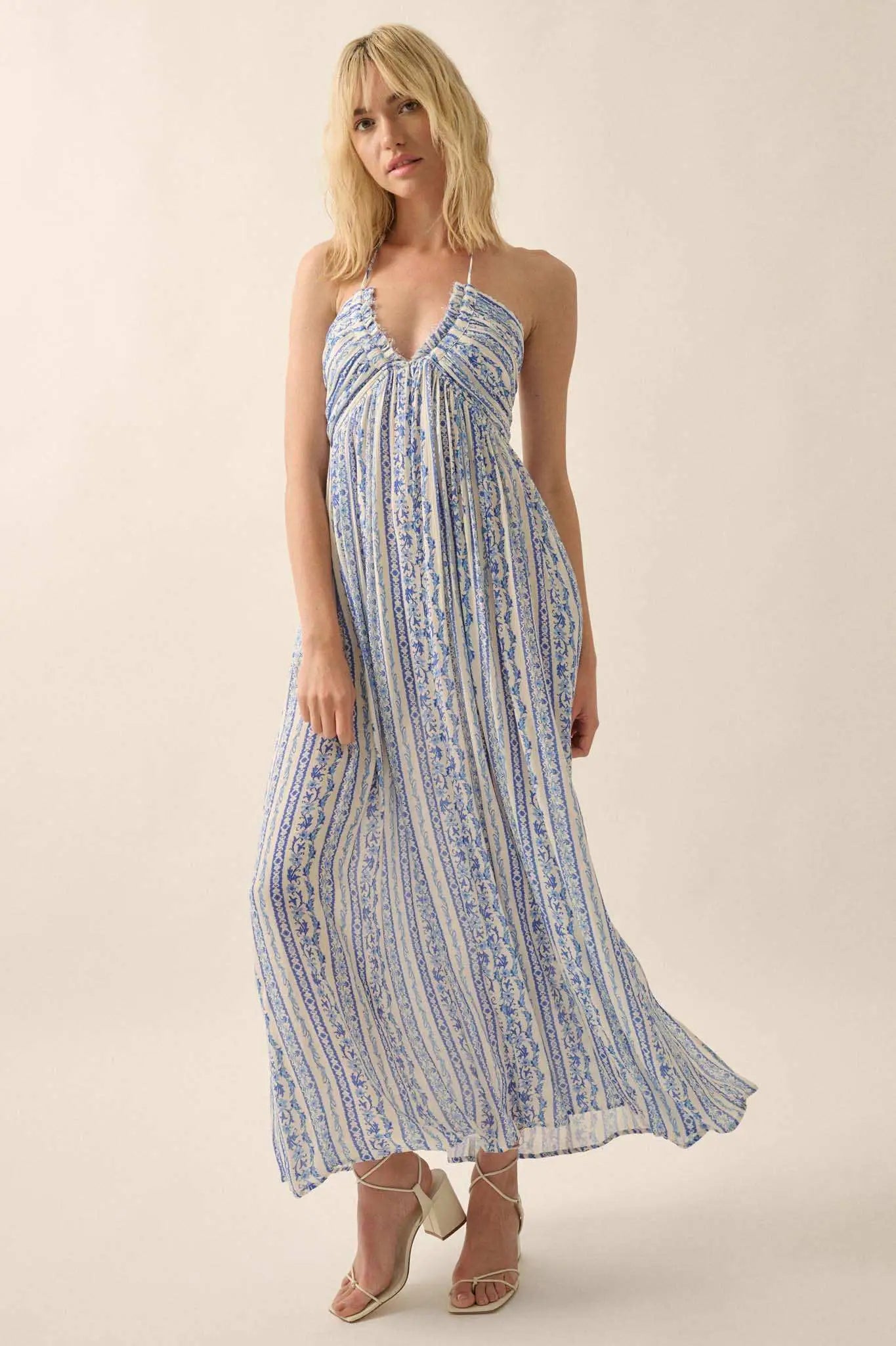 Heavenly Fields Floral-Stripe Halter Maxi Dress